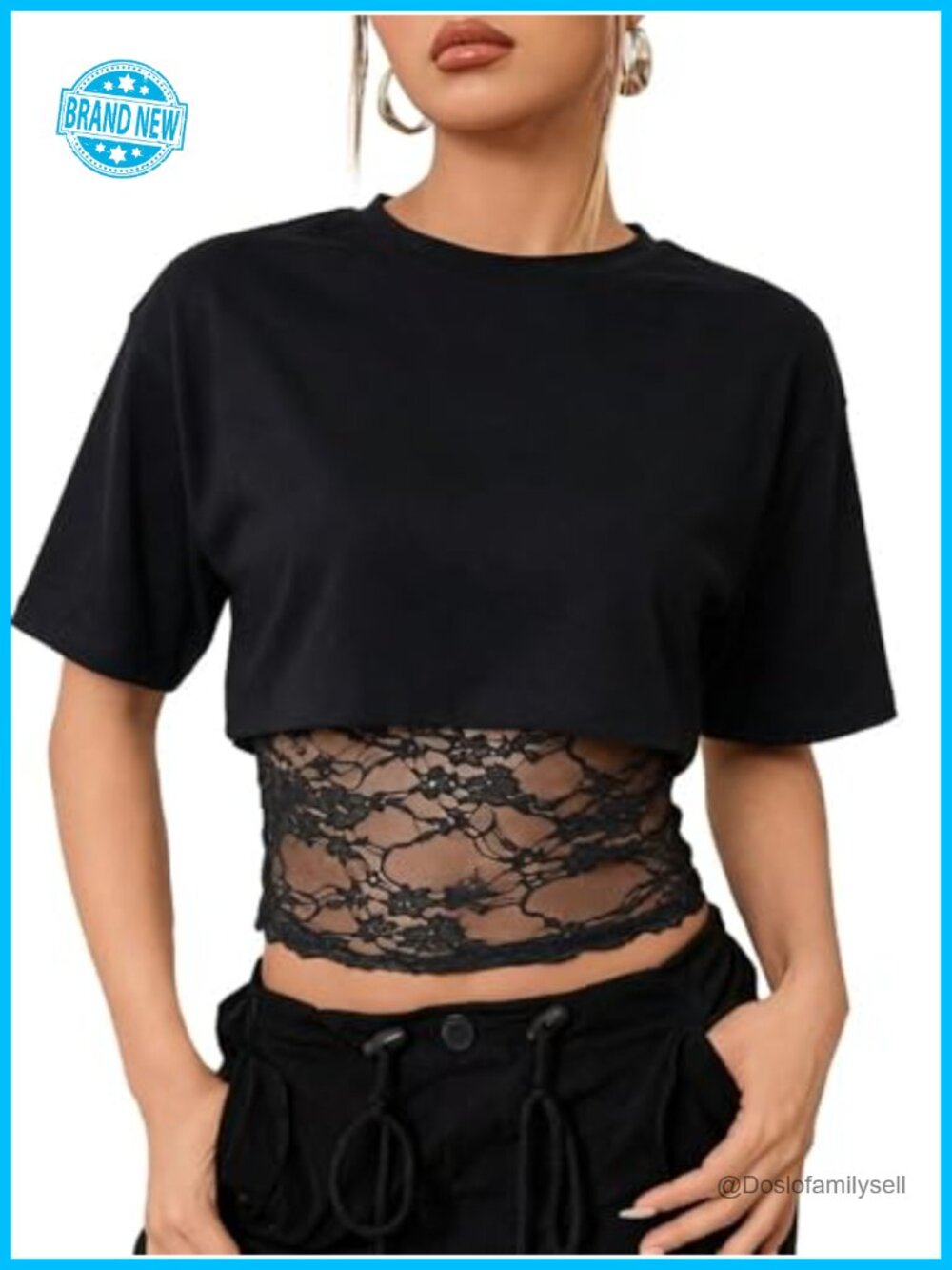 Women's Lace Crop Top Short Sleeve Cinched Waist Crewneck Casual Summer